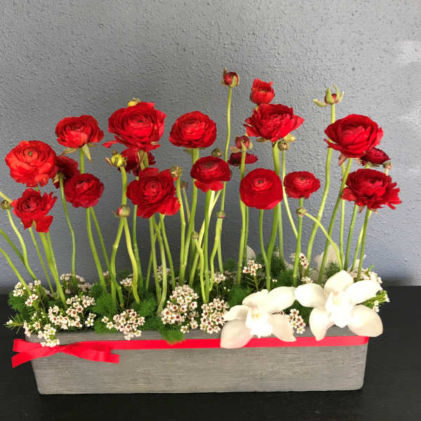 Red ranunculus arrangement in a gray rectangular planter with white orchids