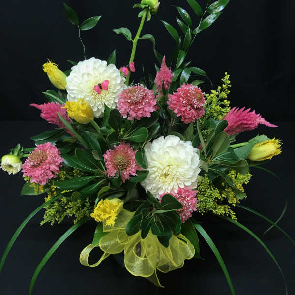 Small spring dahlia bouquet with butterflies