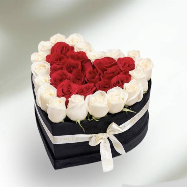 Heart-shaped box of red and white roses tied with a ribbon