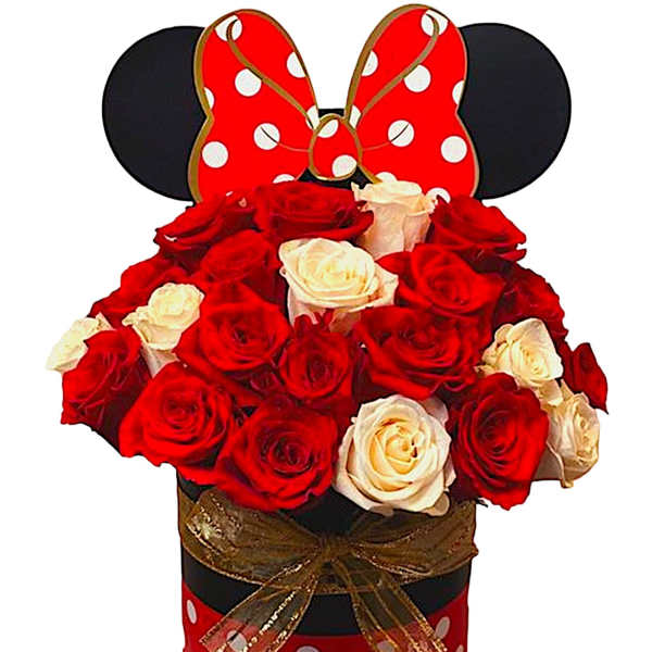 Red and white roses in a Minnie Mouse-themed box with a bow