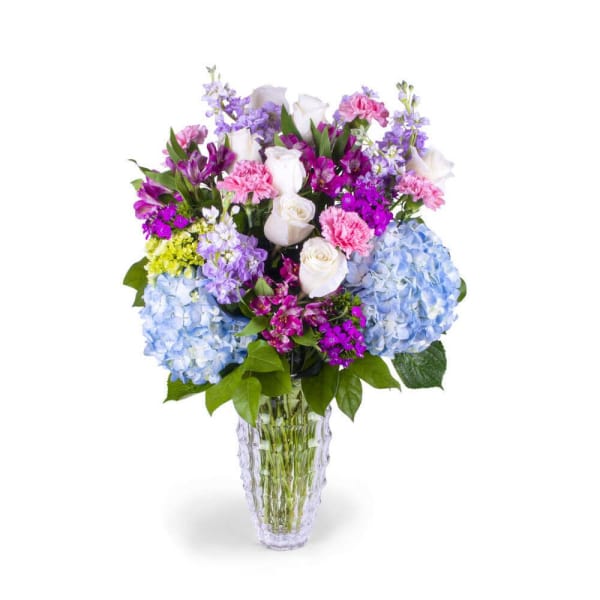 Tall mixed bouquet of white roses, blue hydrangeas, and pink and purple blooms in a clear glass vase