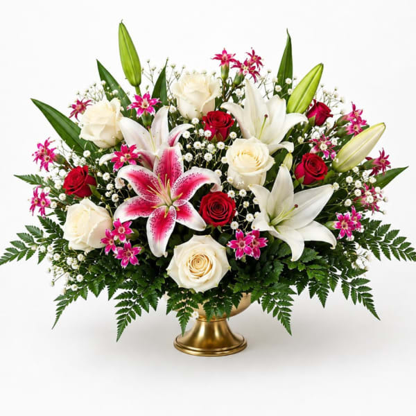 Mixed bouquet of white lilies, roses, and pink accent flowers in a gold vase