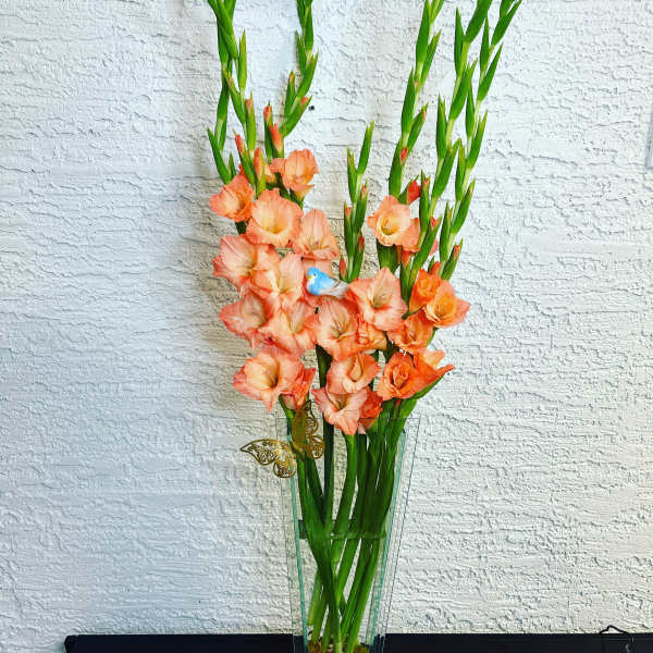 Tall peach gladiolus arrangement in a clear glass vase