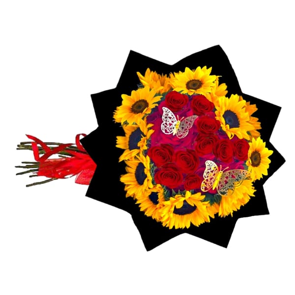Bouquet of red roses and yellow sunflowers with butterfly accents