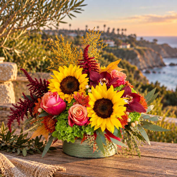 Sunflower and rose arrangement in a green container on a wooden table