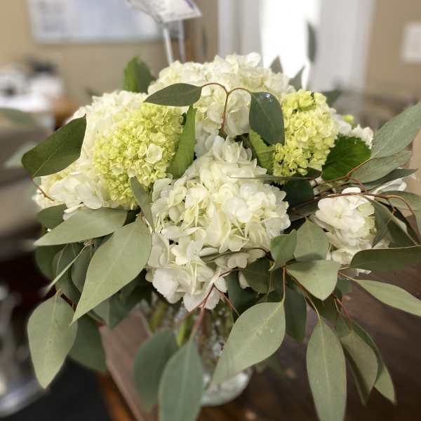 White hydrangea bouquet with eucalyptus greenery