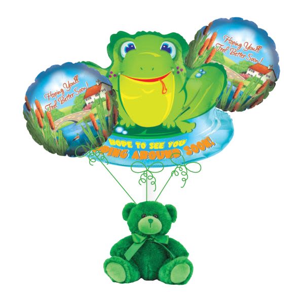 Green teddy bear holding frog-themed balloons with get-well messages