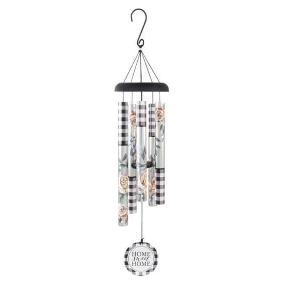 Black and white check wind chime with floral tubes and round 'Home Sweet Home' charm