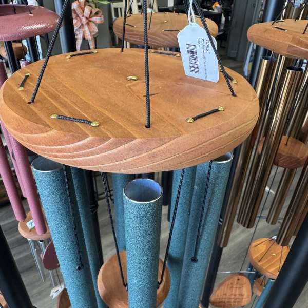 Hanging wind chimes with wooden tops and blue tubes
