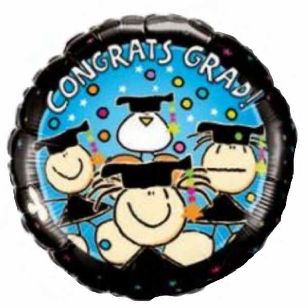 Round graduation balloon with cartoon graduates and "Congrats Grad!" text