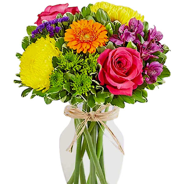Colorful mixed bouquet in a clear glass vase with a twine bow