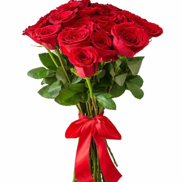 Hand-tied bouquet of red roses with a red satin ribbon bow