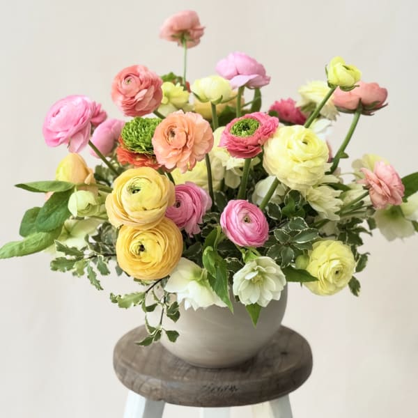 Bouquet of pink, yellow, and peach ranunculus in a white vase
