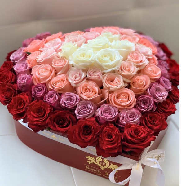 Round box of roses in red, pink, and white