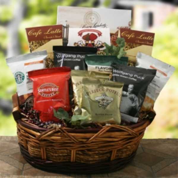 Basket of assorted coffee bags and packets