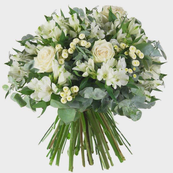 White rose and lily bouquet with eucalyptus greenery