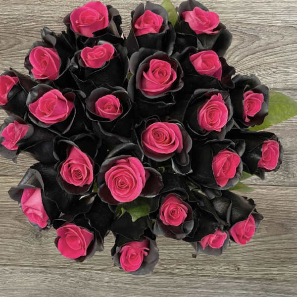Bouquet of hot pink roses with dark black petals