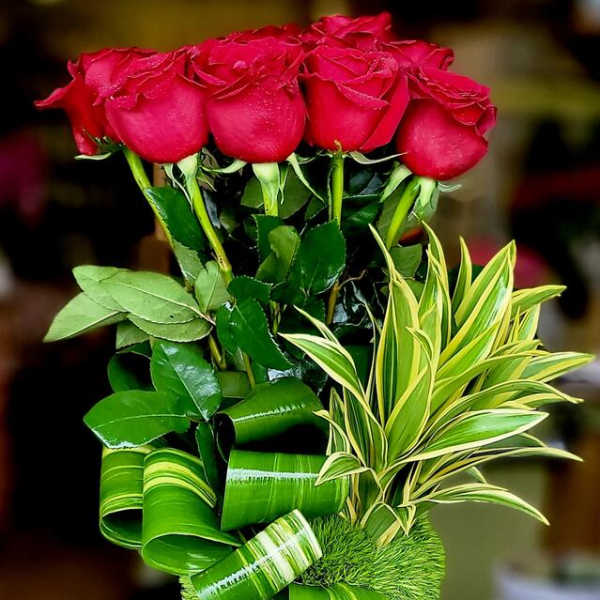 Red roses arranged in a tall glass vase with curled green leaves