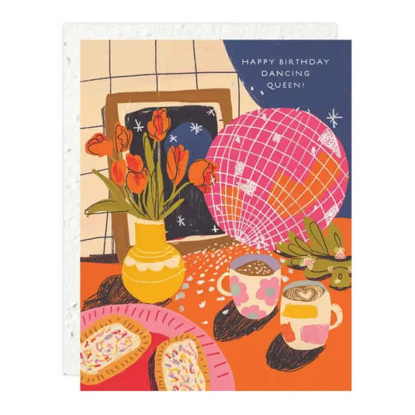 Birthday card with a vase of orange tulips and colorful party graphics