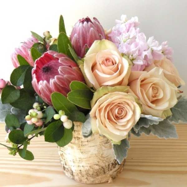 Bouquet of pale roses and pink protea in a birch bark container