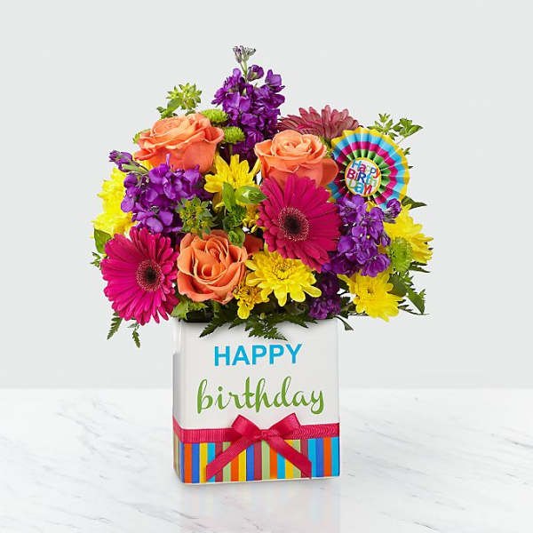 Colorful birthday bouquet in a decorated gift box