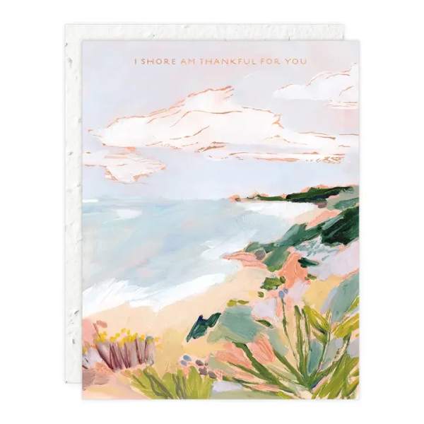 Pastel beach scene card with the words "I shore am thankful for you"