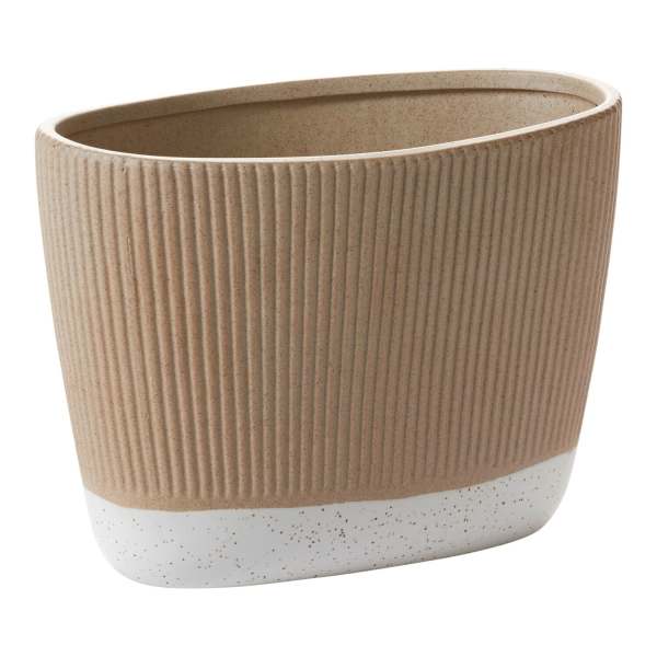 Beige ribbed ceramic planter with a white speckled base