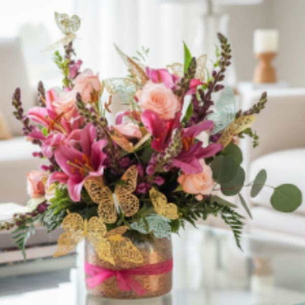 Pink and peach floral arrangement in a glass vase with butterfly accents