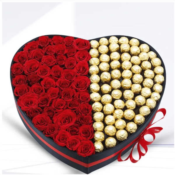 Heart-shaped box with red roses and gold-wrapped chocolates