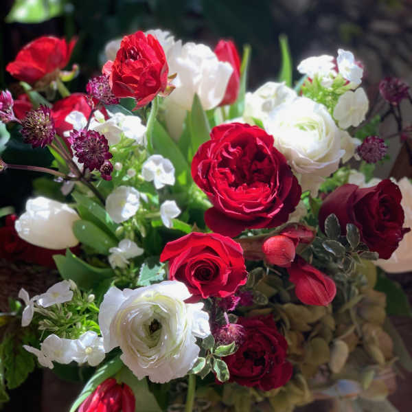 Bouquet of red and white roses with small white filler flowers