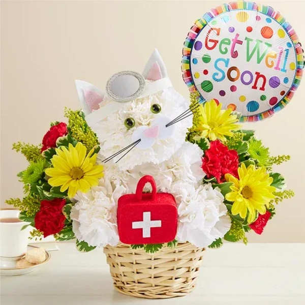 White cat-shaped flower basket with a Get Well Soon balloon