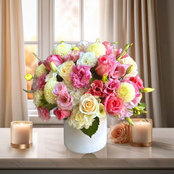 Pink and white flower arrangement in a white vase with candles
