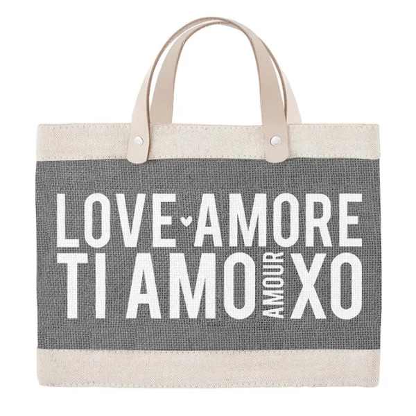 Canvas tote bag with the words LOVE AMORE TI AMO AMOUR XOXO