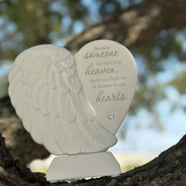 White angel wing heart memorial ornament with a sympathy quote