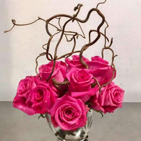 Hot pink roses arranged in a clear glass vase with curly branches