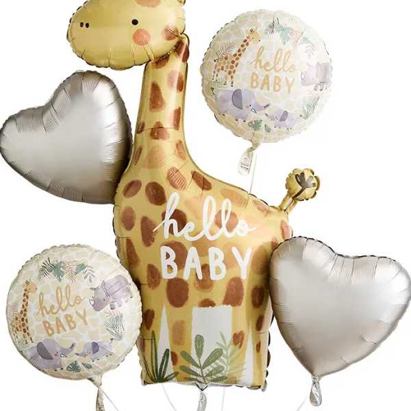 Giraffe-shaped baby shower balloon with heart and round balloons