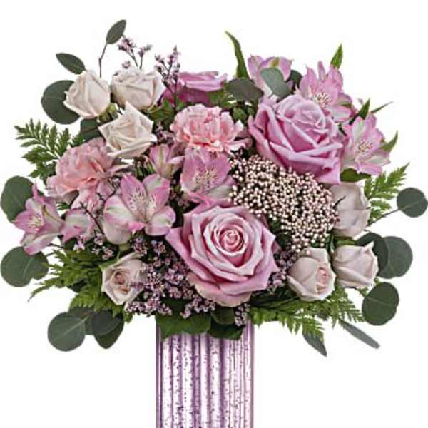 Pink roses and alstroemeria in a striped vase