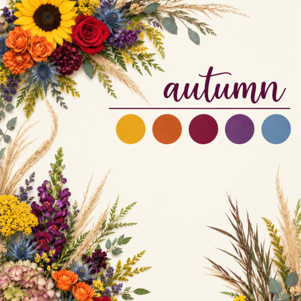 Autumn floral border with sunflowers, roses, and mixed blooms around the edges