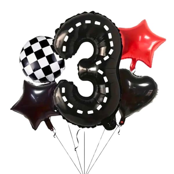 Cluster of number 3 balloons with star balloons on a white background