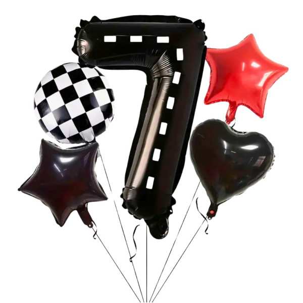 Cluster of number 7 balloons in black, red, and checkered patterns