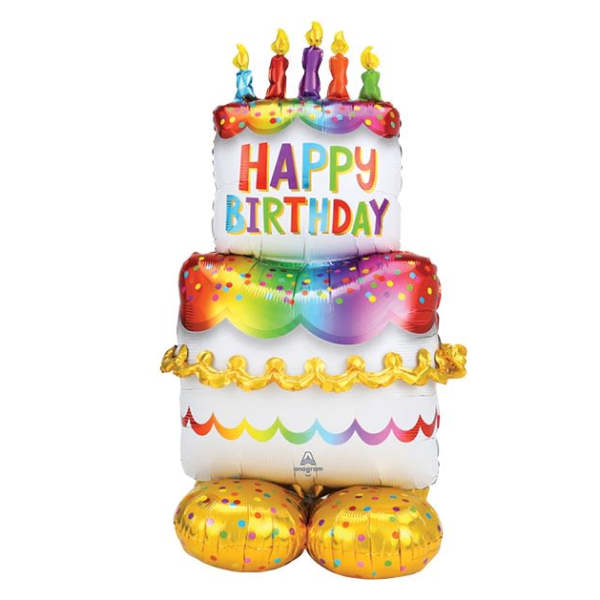 Stacked birthday balloons shaped like a cake with colorful candles