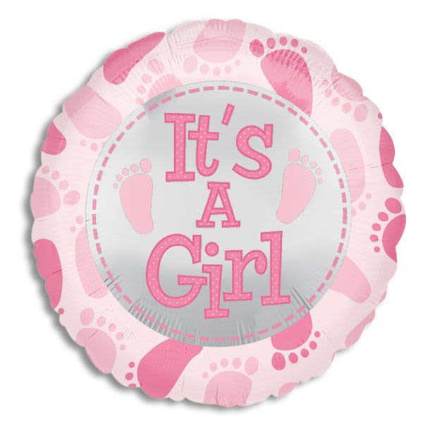 Pink baby shower balloon with footprints and the words It's A Girl