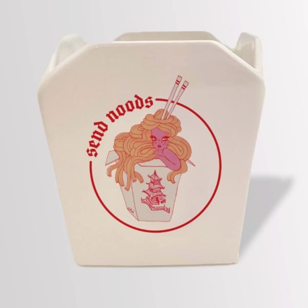 Takeout-style carton with a red illustrated noodle graphic