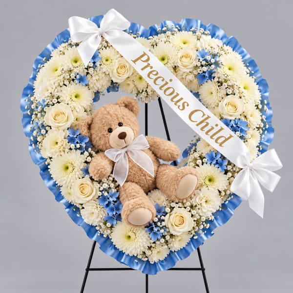 Heart-shaped floral wreath with a teddy bear and ribbon on a stand