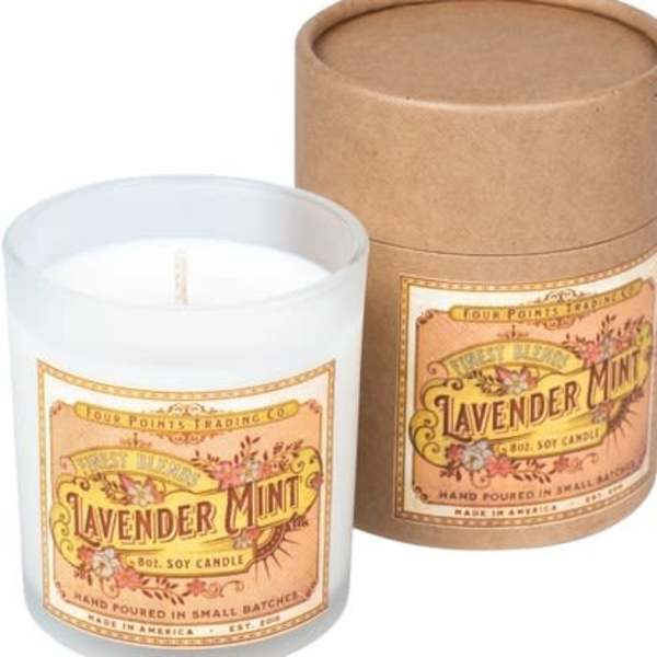 Two lavender mint soy candles in glass jars with cardboard lids