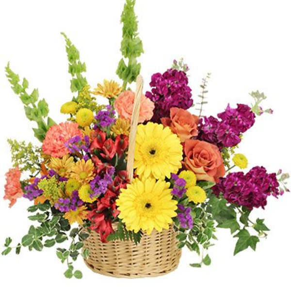 Colorful mixed flower basket with yellow daisies and orange roses