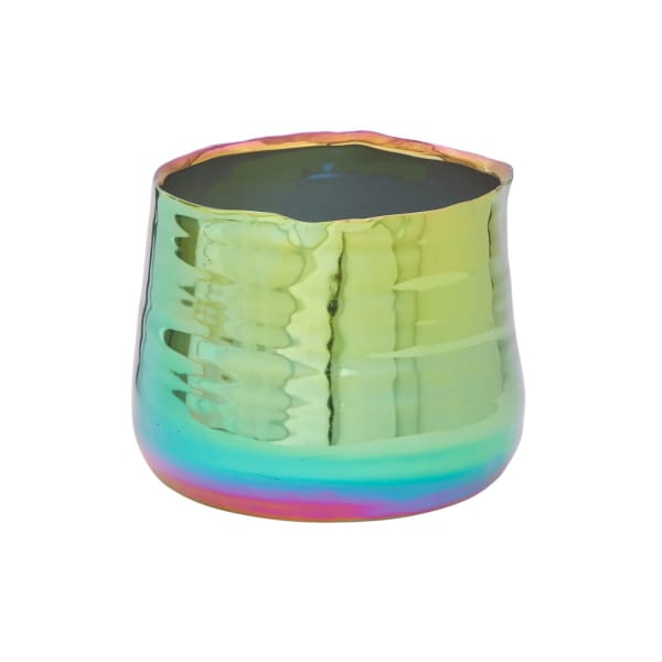 Iridescent glass votive holder with a rounded shape