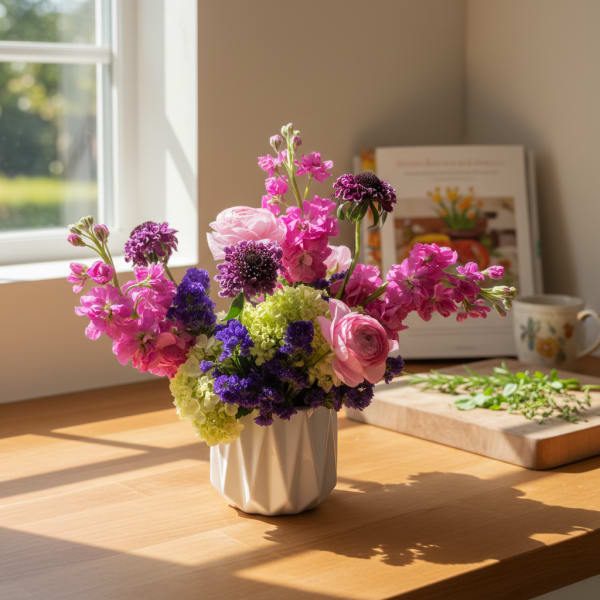 Pink and purple mixed flower arrangement in a white vase