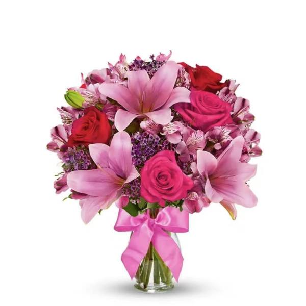 Rose & Lily Celebration – Hot Pink Roses & Pink Lilies Bouquet with Alstroemeria, Birthday Thank You Flowers