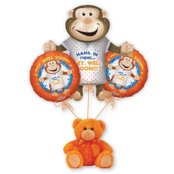 Orange teddy bear with two monkey balloons and get-well message balloons